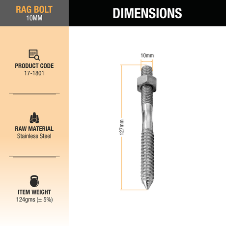 Rag Bolt Stainless Steel (10mm) (Pack of 4) dimensions and side