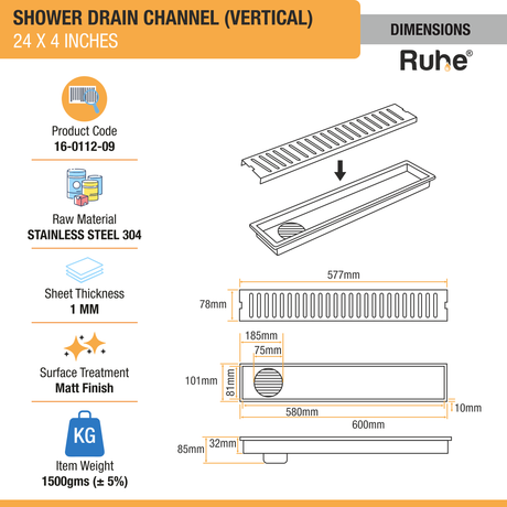 Vertical Shower Drain Channel (24 x 4 Inches) with Cockroach Trap (304 Grade) dimensions and size