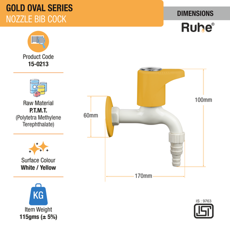 Gold Oval PTMT Nozzle Bib Cock Faucet dimensions and size