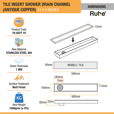 Tile Insert Shower Drain Channel (24 x 4 Inches) ROSE GOLD PVD Coated dimensions and sizes