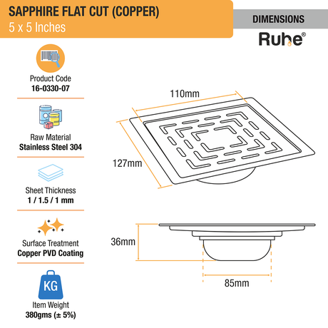 Sapphire Square Flat Cut Floor Drain in Antique Copper PVD Coating (5 x 5 Inches) dimensions and size