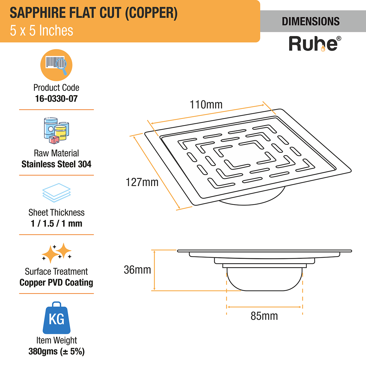 Sapphire Square Flat Cut Floor Drain in Antique Copper PVD Coating (5 x 5 Inches) dimensions and size