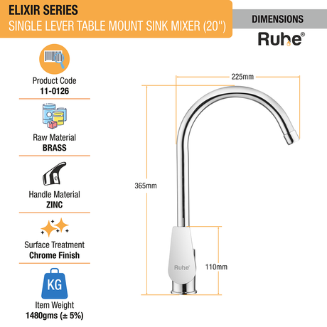 Elixir Single Lever Table Mount Sink Mixer Brass Faucet with Large (20 inches) Round Swivel Spout dimensions and sizes