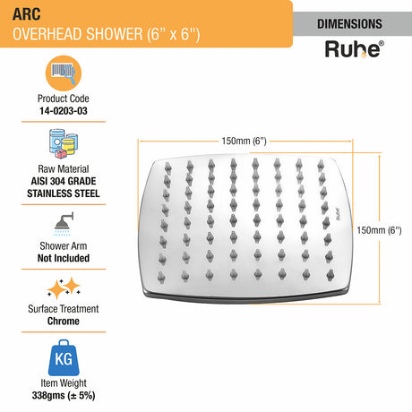Arc 304-Grade Overhead Shower (6 x 6 Inches) dimensions and sizes