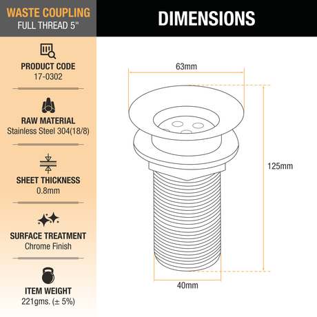 Full Thread Waste Coupling (5 Inches) (304 Grade) dimensions and size