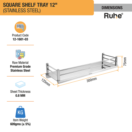 Square Stainless Steel Shelf Tray (12 Inches) dimensions and sizes