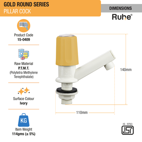 Gold Round PTMT Pillar Cock Faucet sizes