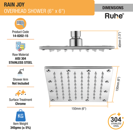 Rain Joy 304-Grade Overhead Shower (6 x 6 inches) dimensions and sizes