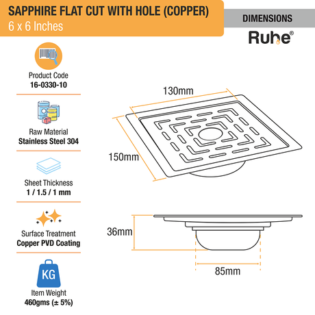 Sapphire Square Flat Cut Floor Drain in Antique Copper PVD Coating (6 x 6 Inches) with Hole dimensions and size
