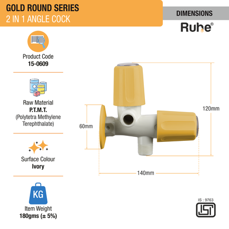 Gold Round PTMT 2 in 1 Angle Cock Faucet sizes
