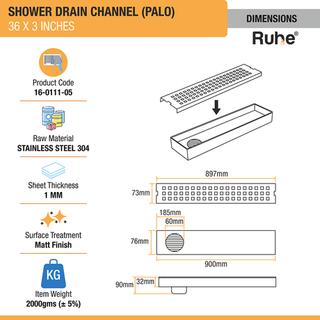 Palo Shower Drain Channel (36 x 3 Inches) with Cockroach Trap (304 Grade) dimensions and size