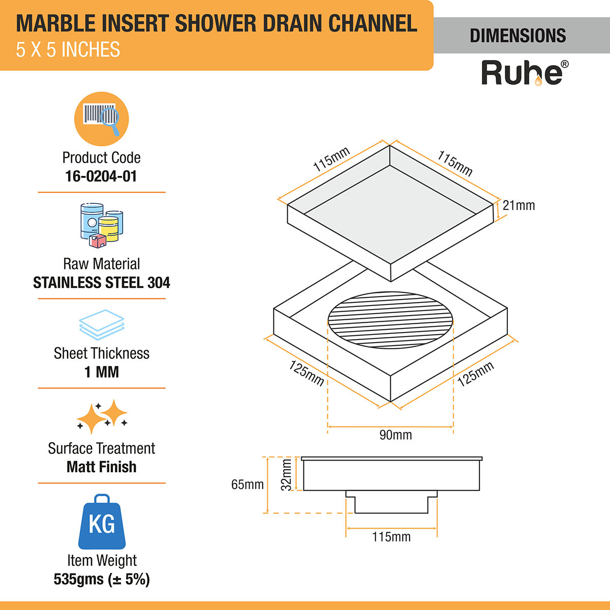 Marble Insert Shower Drain Channel (5 x 5 Inches) with Cockroach Trap (304 Grade) dimensions and size