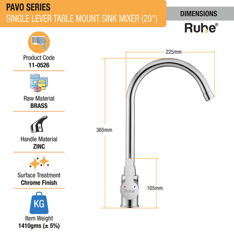 Pavo Single Lever Table Mount Sink Mixer with Large (20 inches) Round Swivel Spout Faucet dimensions and sizes