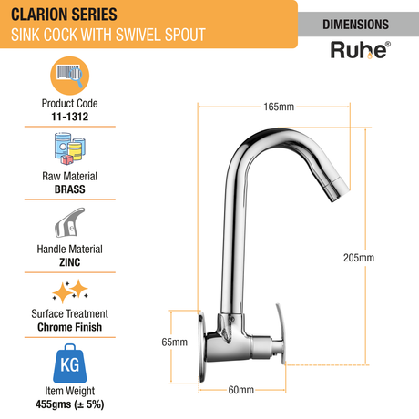 Clarion Sink Tap with Small (12 inches) Round Swivel Spout Faucet dimensions and size