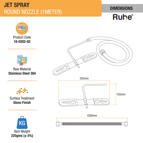 Jet Spray Round Nozzle (1 Meter) (304 Grade) dimensions and size