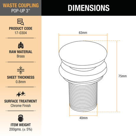 Pop-up Waste Coupling (3 Inches) dimensions and sizes
