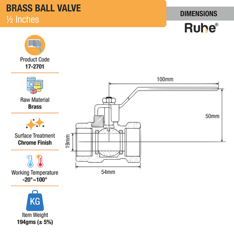 Brass Ball Valve (½ Inch) dimensions and size