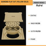 Diamond Square Flat Cut Floor Drain in Yellow Gold PVD Coating (5 x 5 Inches) product details