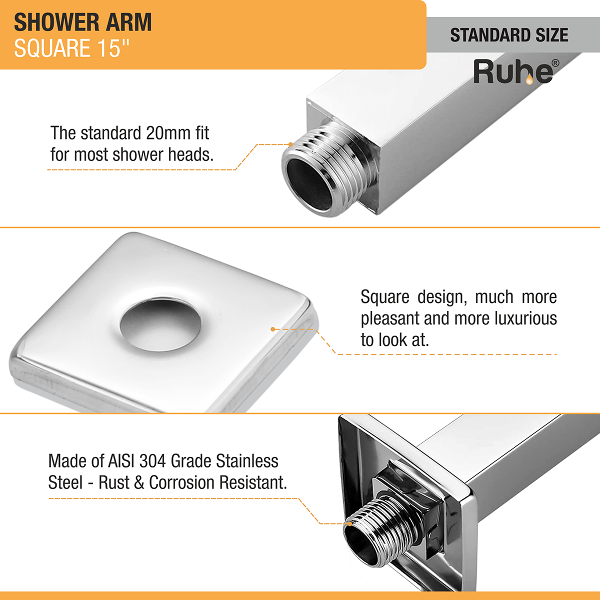 Square 304-Grade Shower Arm (15 Inches) with Flange standard size