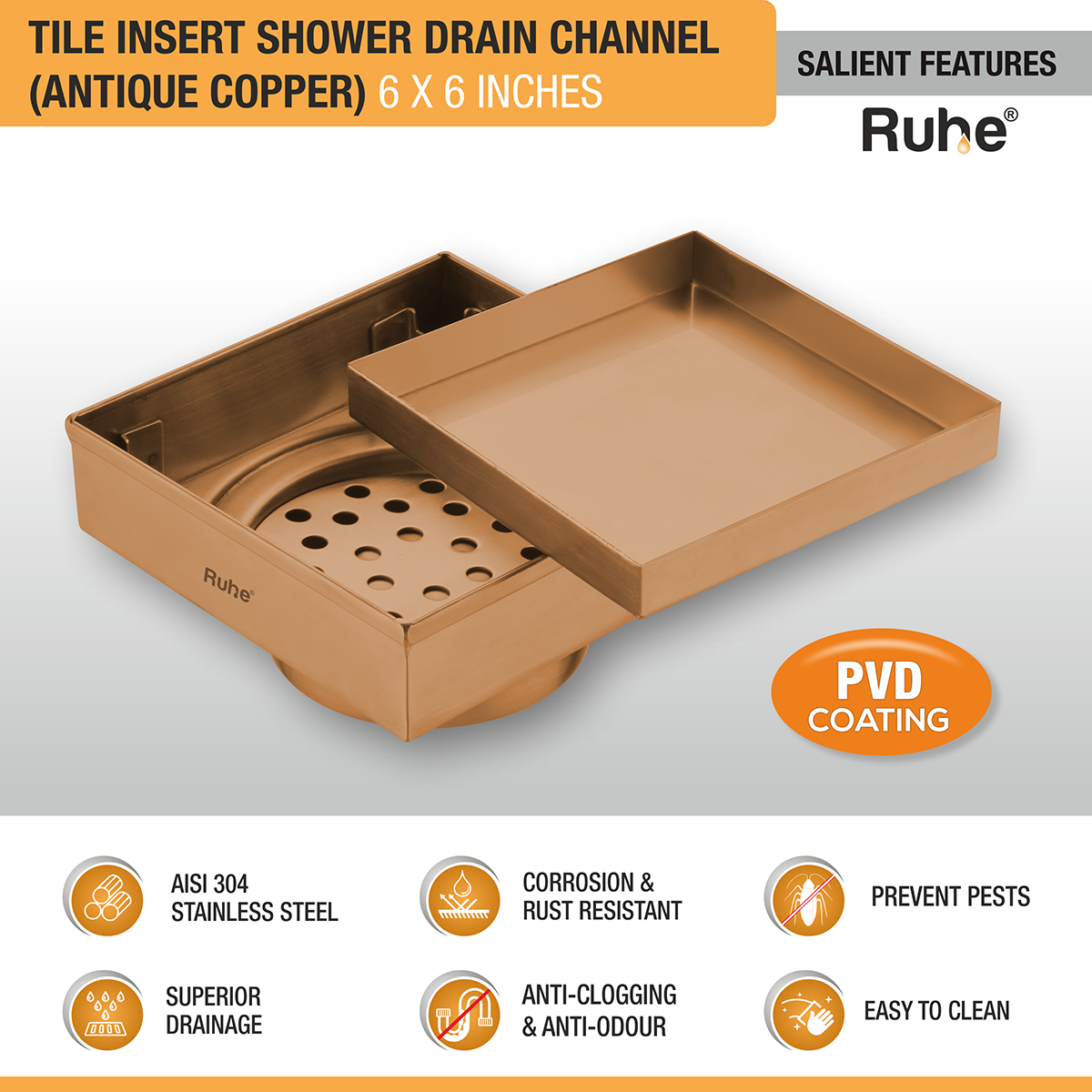 Tile Insert Shower Drain Channel (6 x 6 Inches) ROSE GOLD PVD Coated features and benefits