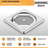Classic Neon Floor Drain (5 x 5 inches) with Hinged Grating Top features