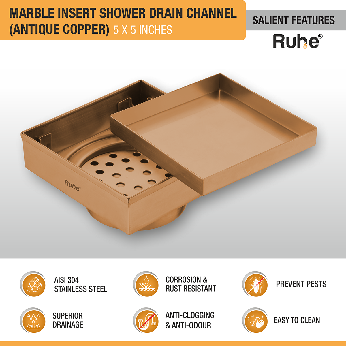Marble Insert Shower Drain Channel (5 x 5 Inches) ROSE GOLD/ ANTIQUE COPPER features