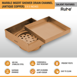 Marble Insert Shower Drain Channel (5 x 5 Inches) ROSE GOLD/ ANTIQUE COPPER features