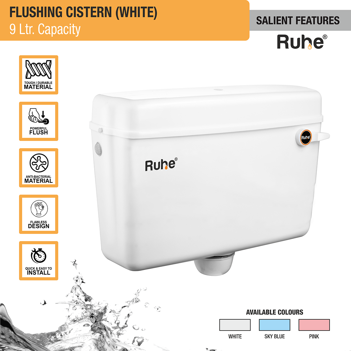 White Flushing Cistern (9 Ltr) features