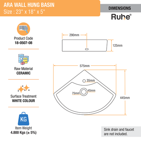 Ara Wall-hung Wash Basin (White) - by Ruhe®