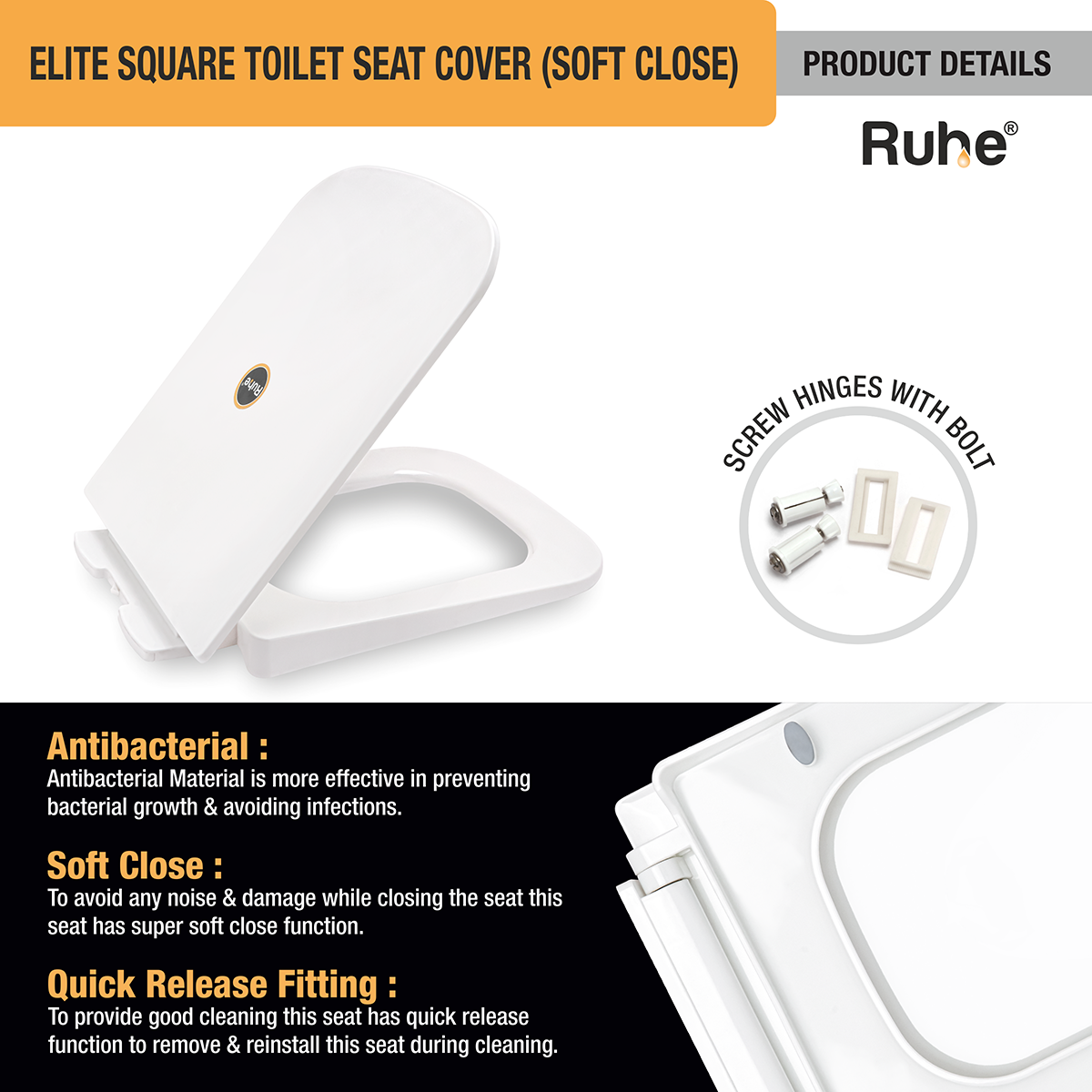 Elite Square Toilet Seat Cover (Soft Close) product details