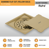 Diamond Square Flat Cut Floor Drain in Yellow Gold PVD Coating (5 x 5 Inches) features