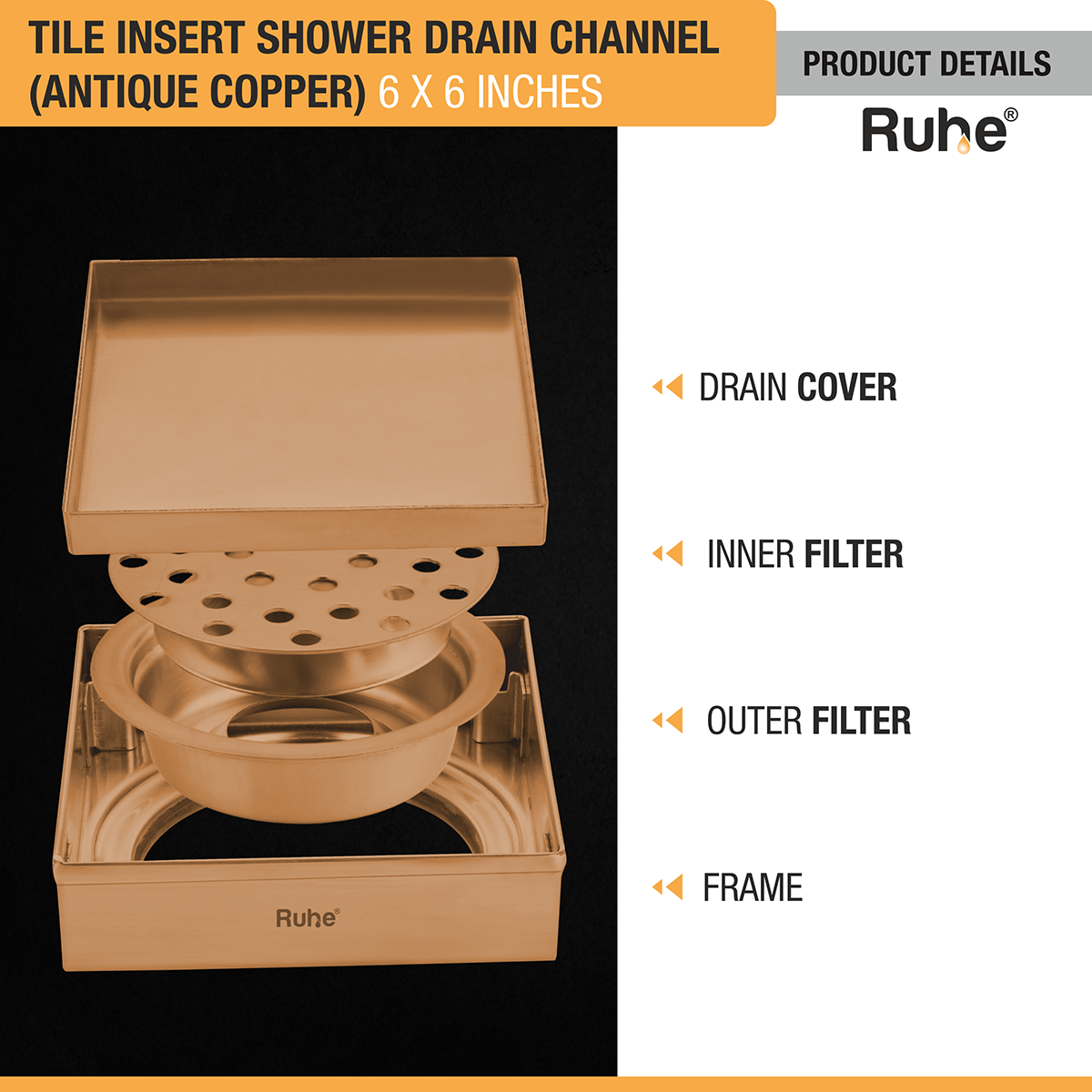 Tile Insert Shower Drain Channel (6 x 6 Inches) ROSE GOLD PVD Coated with drain cover, inner filter, outer filter, and fram
