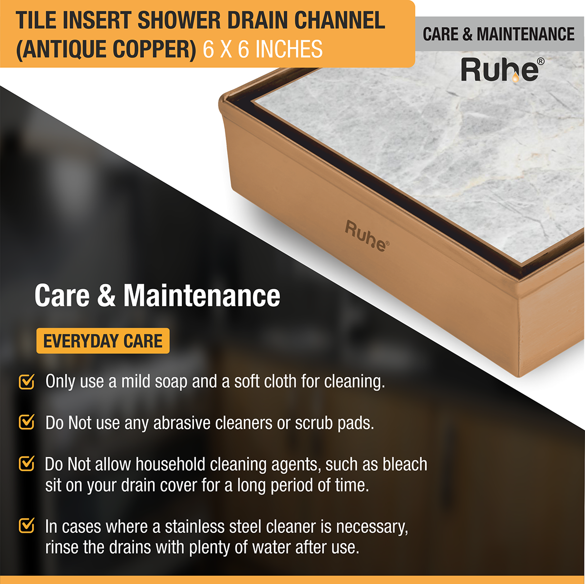 Tile Insert Shower Drain Channel (6 x 6 Inches) ROSE GOLD PVD Coated care and maintenance