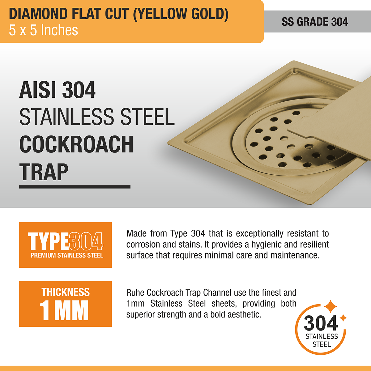 Diamond Square Flat Cut Floor Drain in Yellow Gold PVD Coating (5 x 5 Inches) stainless steel
