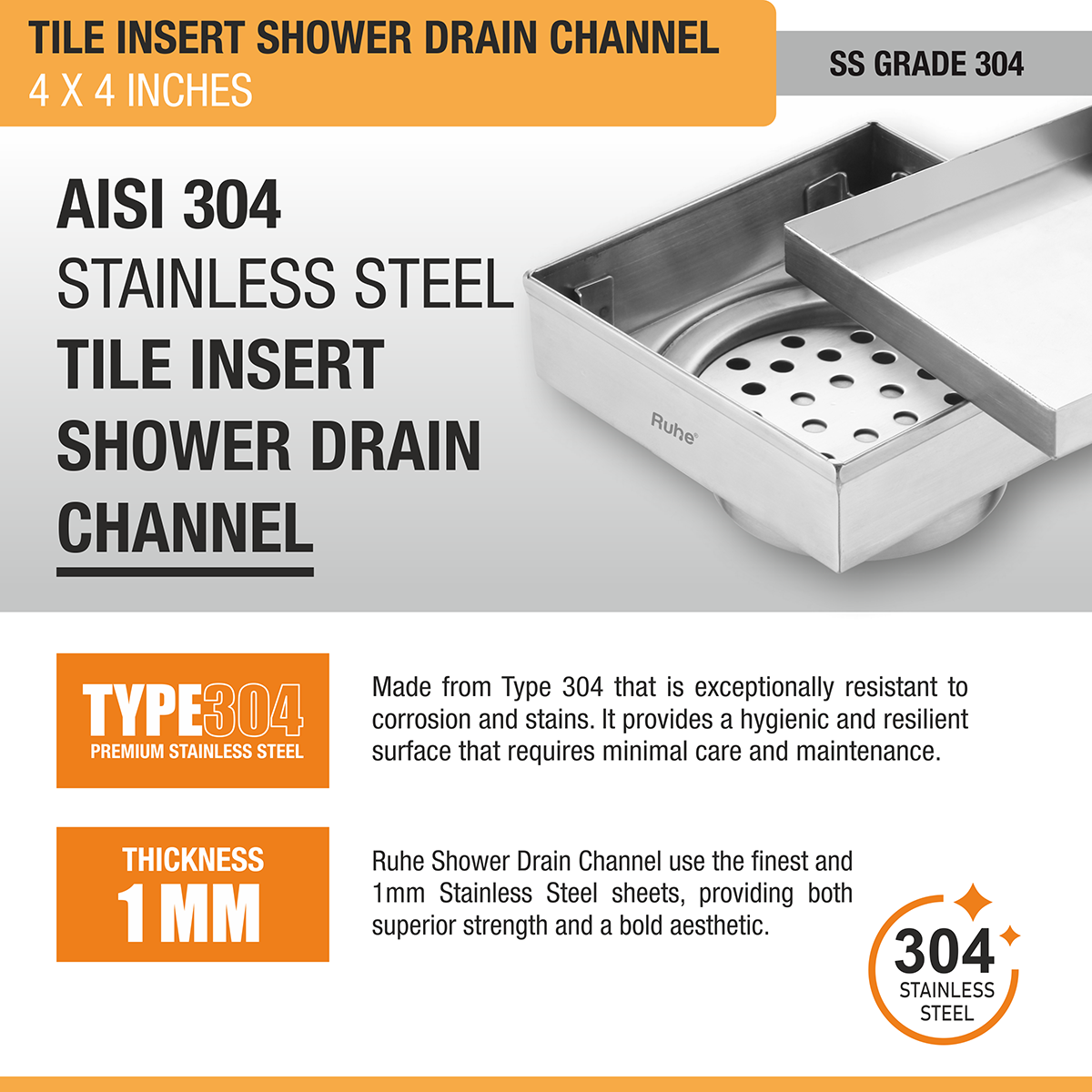 Tile Insert Shower Drain Channel (4 x 4 Inches) with Cockroach Trap (304 Grade) stainless steel