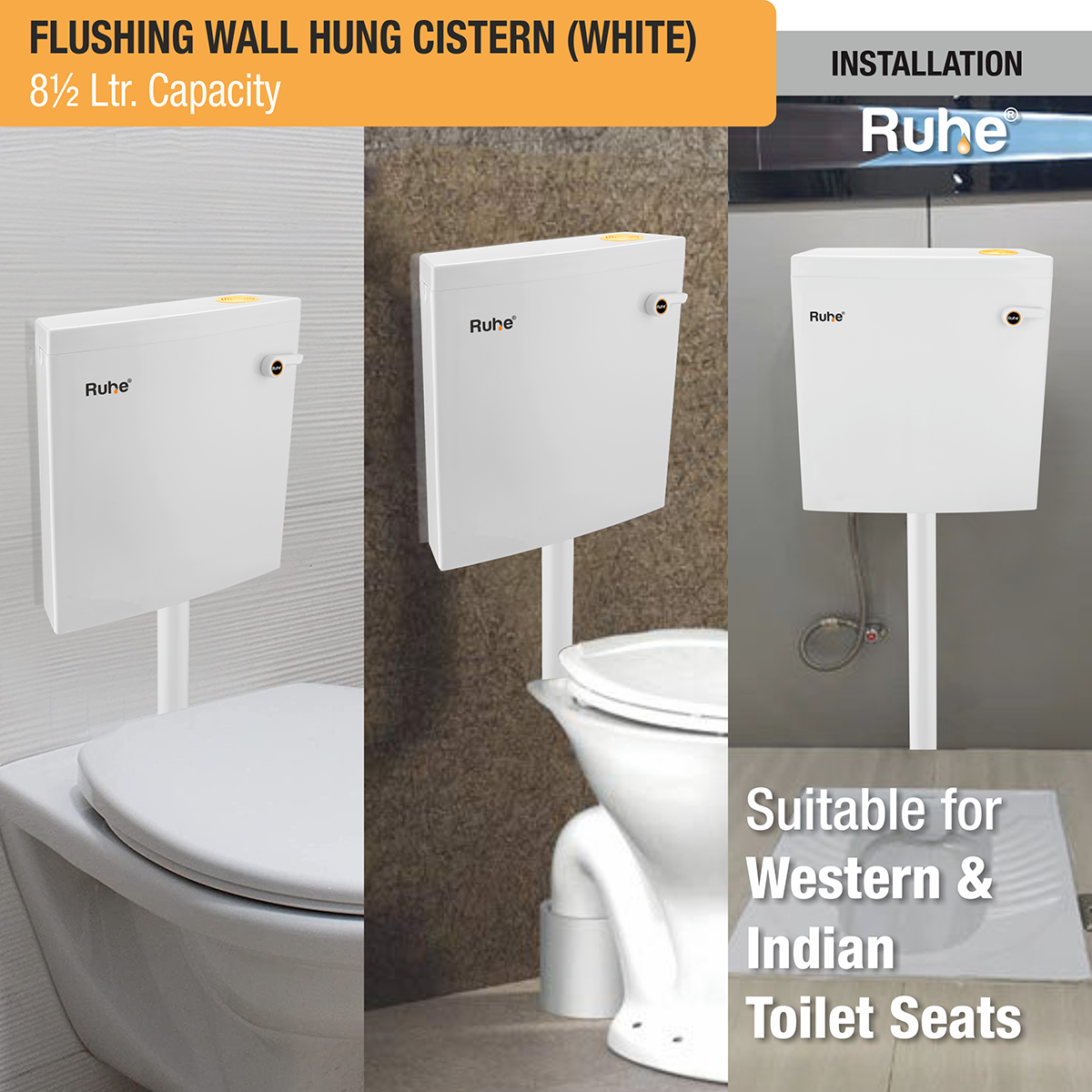 Flushing Wall Hung Cistern 8.5 Ltr. (White) suitable for all types of bathroom