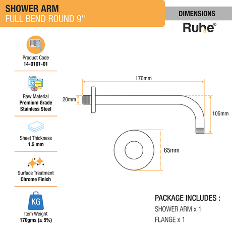 Round Full Bend Shower Arm (9 Inches) with Flange dimensions and size