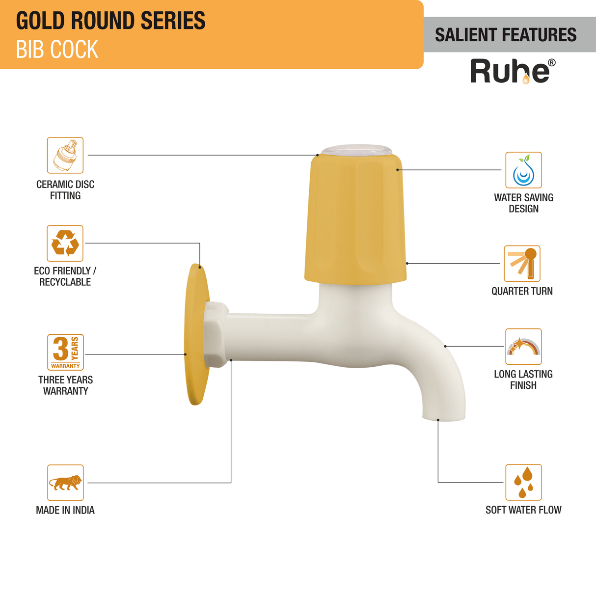 Gold Round PTMT Bib Cock Faucet features