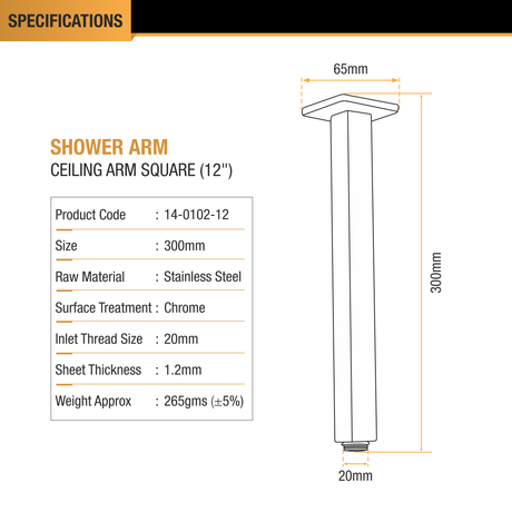 Square Ceiling Shower Arm (12 Inches) with Flange dimensions and size