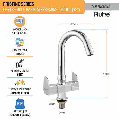 Pristine Centre Hole Basin Mixer with Small (12 inches) Round Swivel Spout Faucet dimensions and size