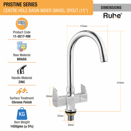Pristine Centre Hole Basin Mixer with Medium (15 inches) Round Swivel Spout Faucet dimensions and size