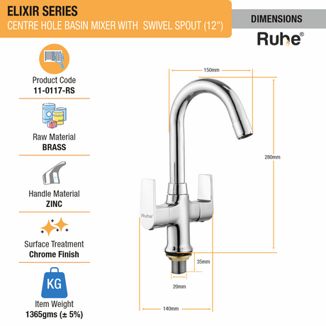 Elixir Centre Hole Basin Mixer with Small (12 inches) Round Swivel Spout Faucet dimensions and size