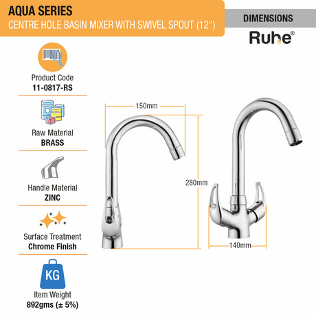 Aqua Centre Hole Basin Mixer with Small (12 inches) Round Swivel Spout Faucet dimensions and size
