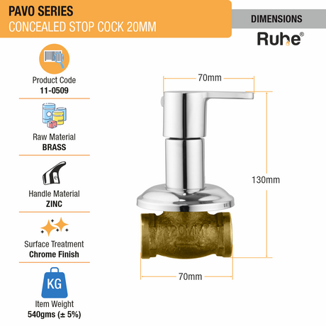 Pavo Concealed Stop Valve Brass Faucet (20mm) dimensions and size