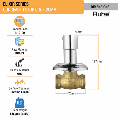 Elixir Concealed Stop Valve Brass Faucet (20mm) dimensions and size