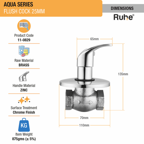 Aqua Flush Valve Brass Faucet (25mm) dimensions and size