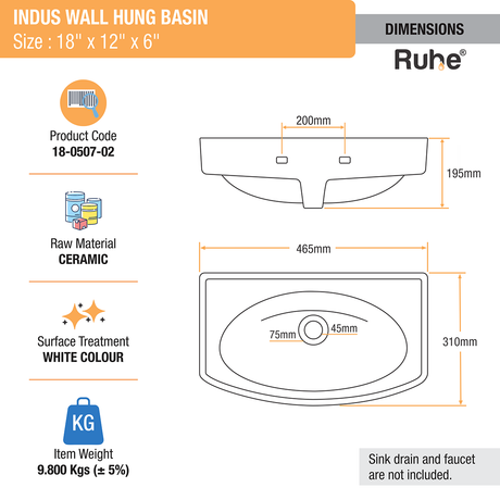 Indus Wall-hung Wash Basin (White) - by Ruhe®