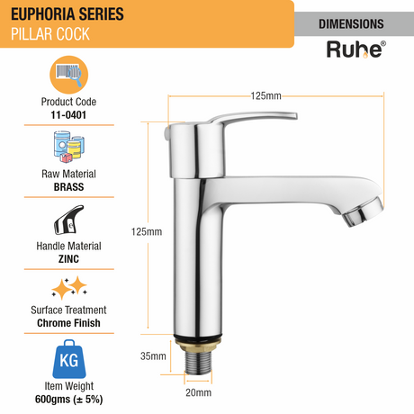 Euphoria Pillar Tap Brass Faucet dimensions and size