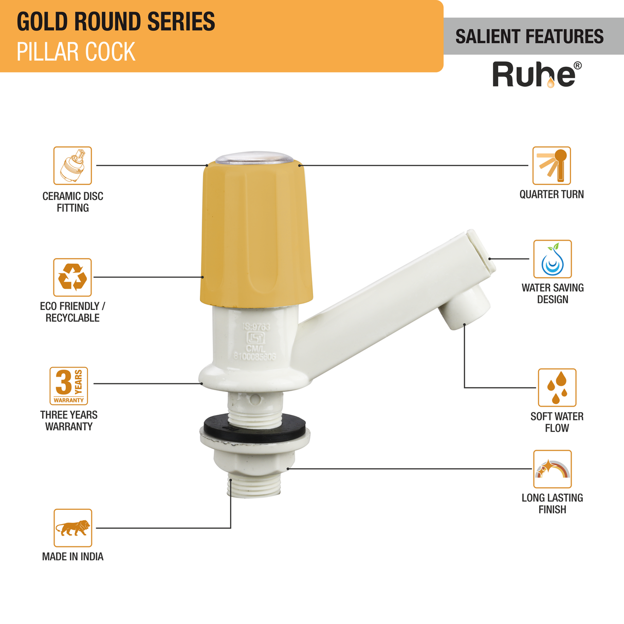 Gold Round PTMT Pillar Cock Faucet features