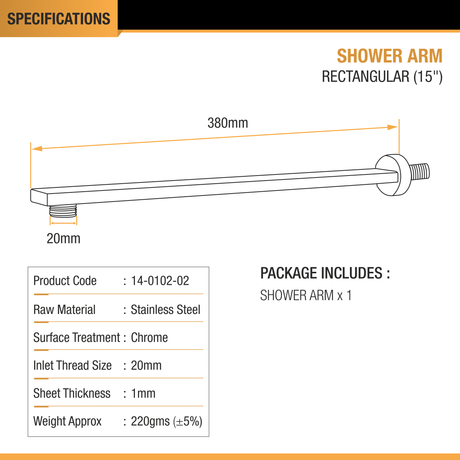 Rectangular Shower Arm (15 Inches) with Flange dimensions and sizes
